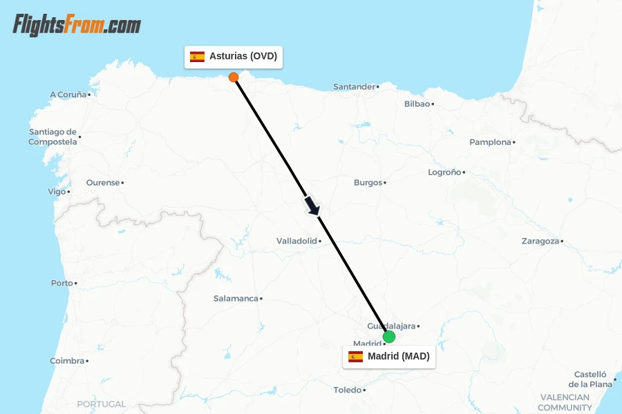 Flights from Asturias to Madrid route map