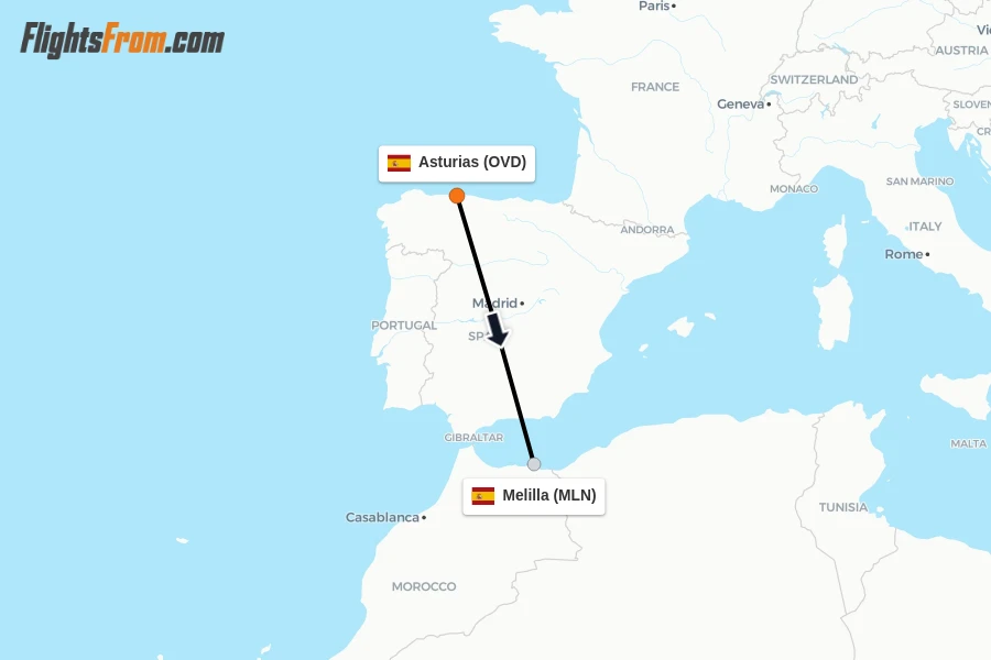 Flights from Asturias to Melilla route map