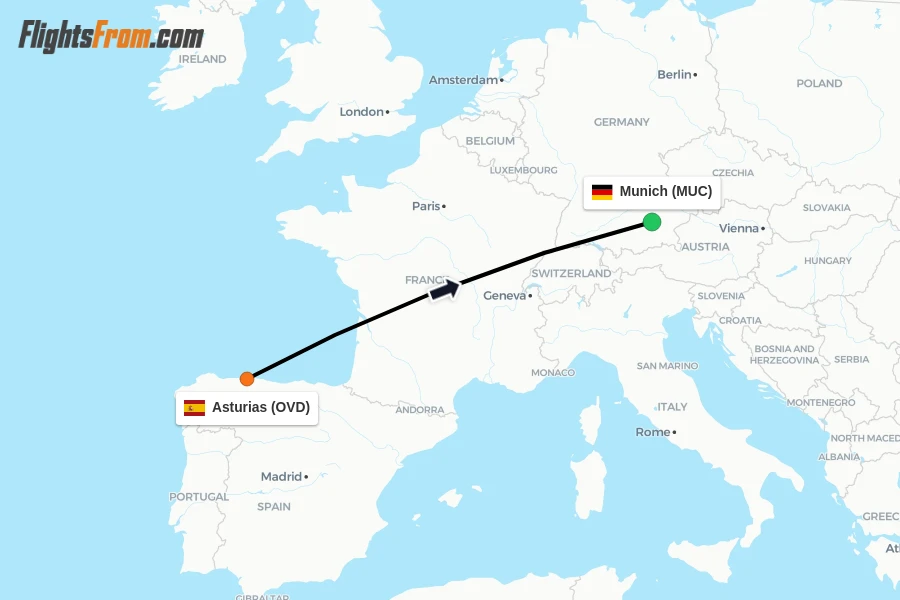 Flights from Asturias to Munich route map
