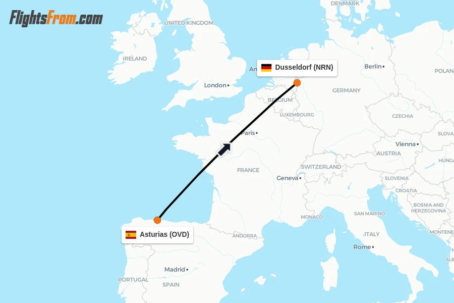 Flights from Asturias to Dusseldorf route map