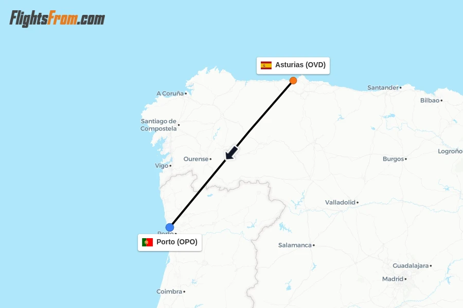 Flights from Asturias to Porto route map