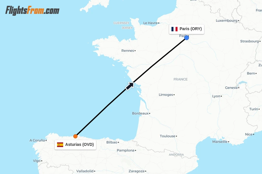Flights from Asturias to Paris route map