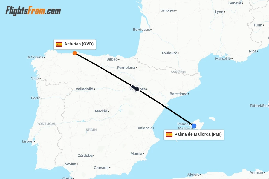 Flights from Asturias to Palma de Mallorca route map