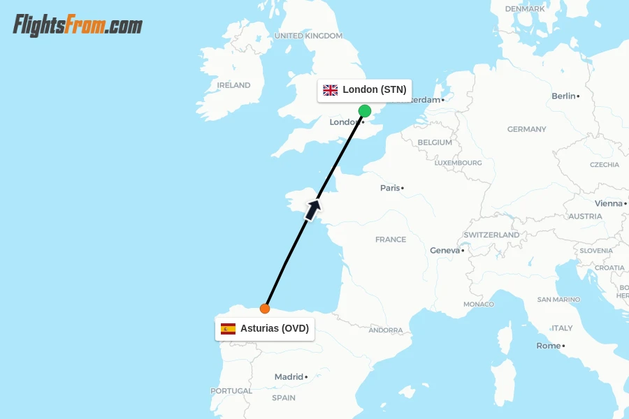 Flights from Asturias to London route map