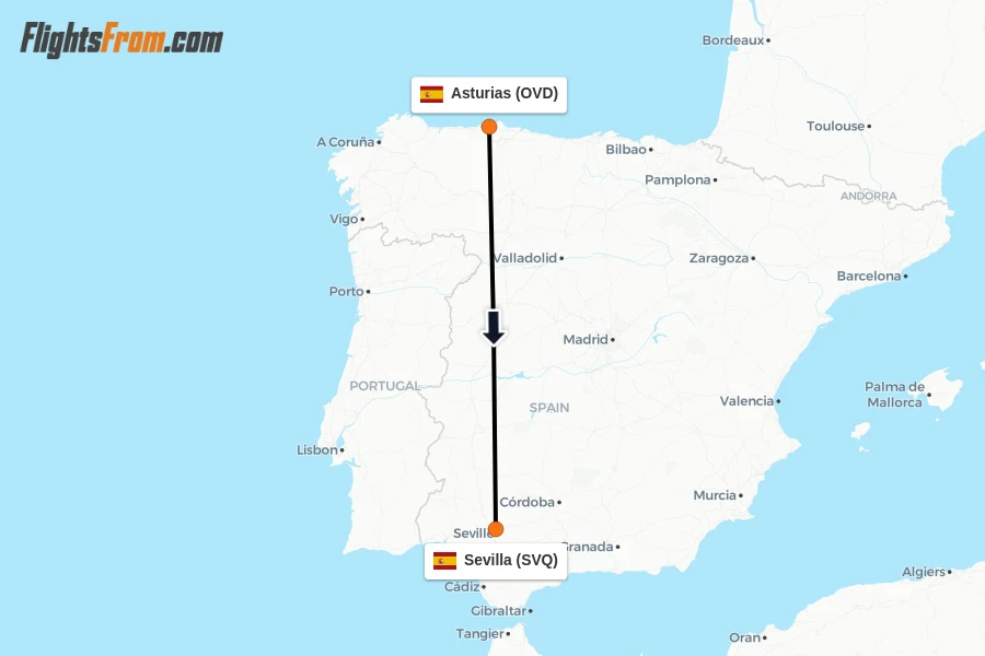 Flights from Asturias to Sevilla route map