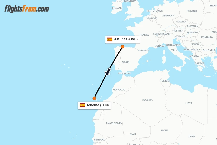 Flights from Asturias to Tenerife route map