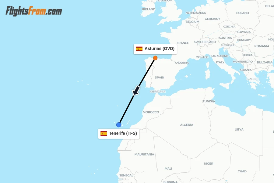 Flights from Asturias to Tenerife route map