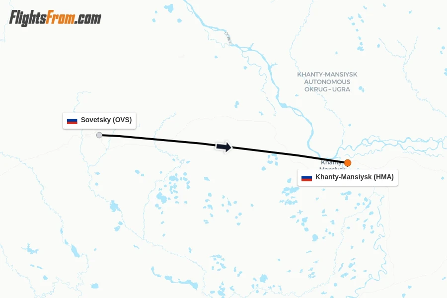 Flights from Sovetsky to Khanty-Mansiysk route map