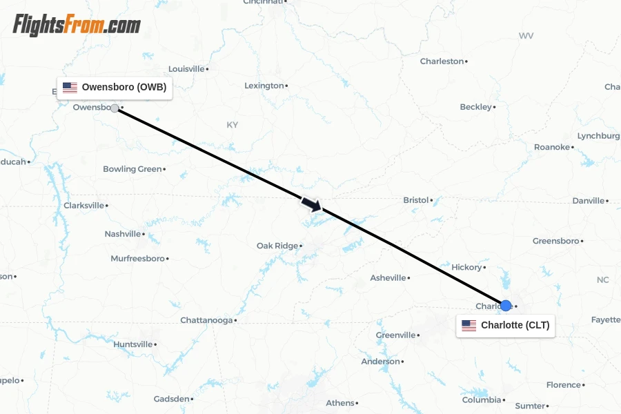Flights from Owensboro to Charlotte route map