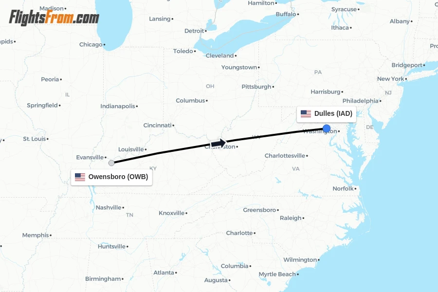 Flights from Owensboro to Dulles route map