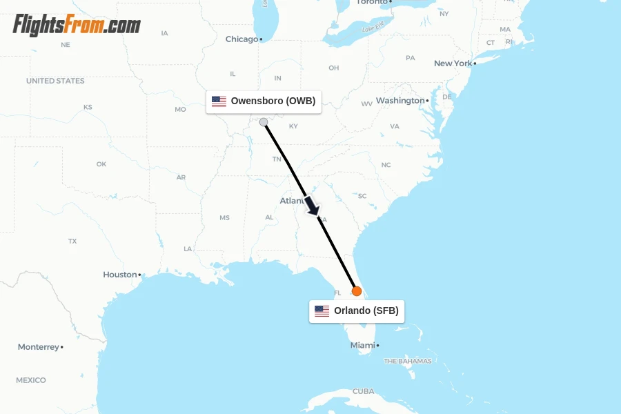 Flights from Owensboro to Orlando route map