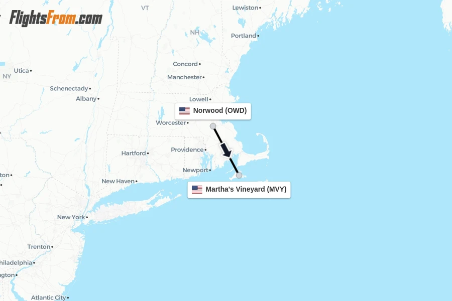Flights from Norwood to Martha's Vineyard route map