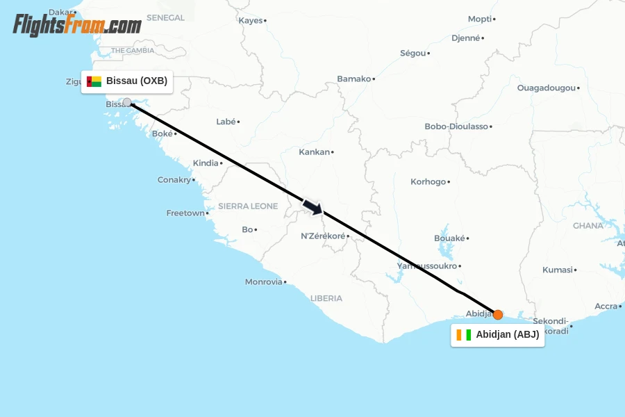 Flights from Bissau to Abidjan route map