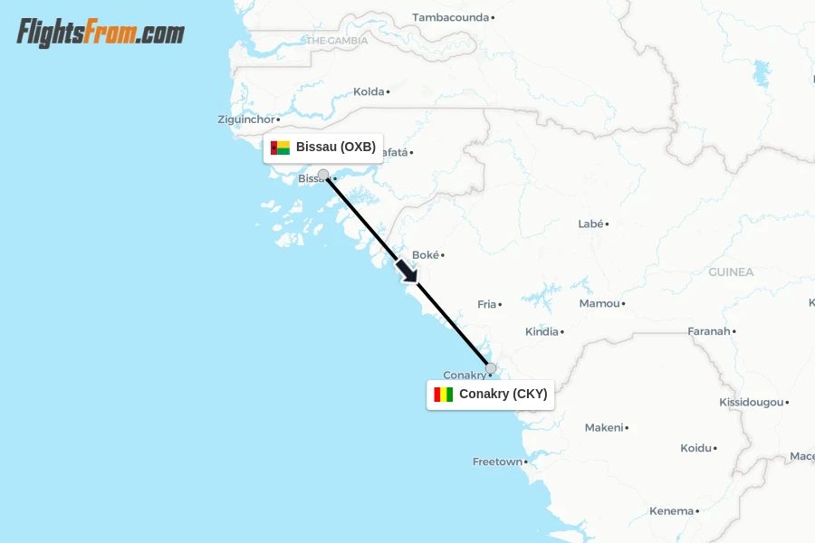 Flights from Bissau to Conakry route map
