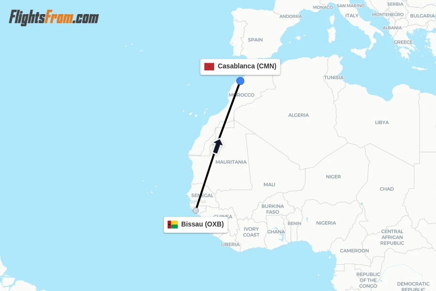 Flights from Bissau to Casablanca route map