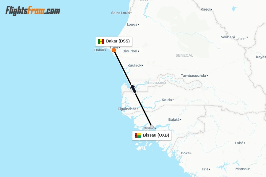 Flights from Bissau to Dakar route map