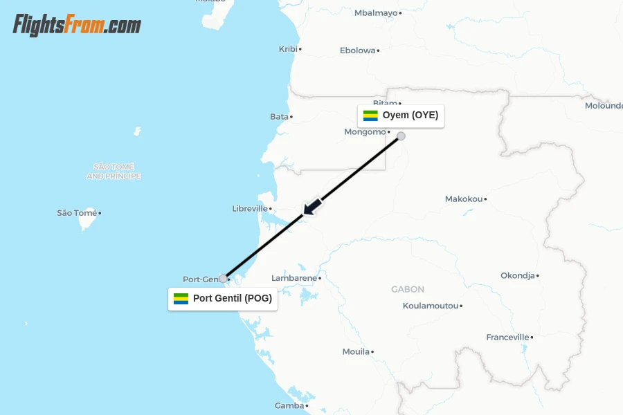 Flights from Oyem to Port Gentil route map