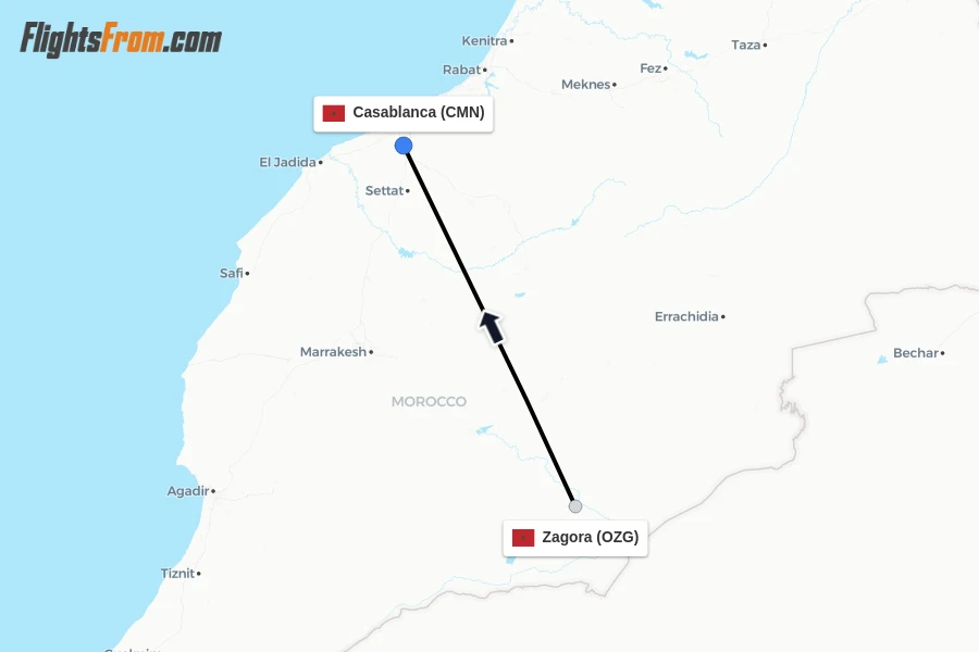 Flights from Zagora to Casablanca route map