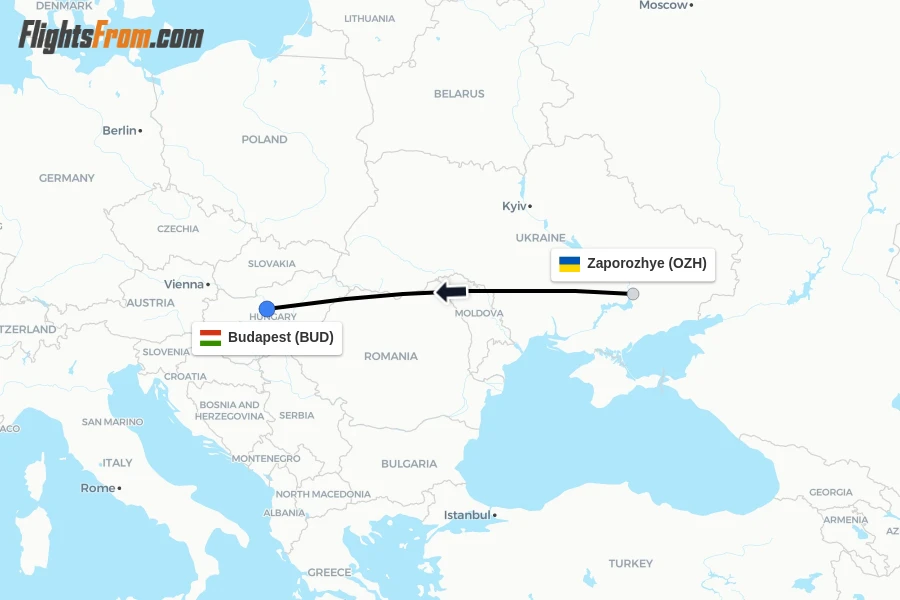 Flights from Zaporozhye to Budapest route map