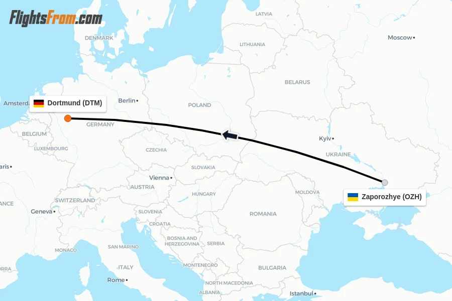 Flights from Zaporozhye to Dortmund route map