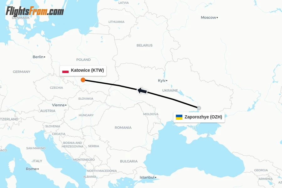 Flights from Zaporozhye to Katowice route map