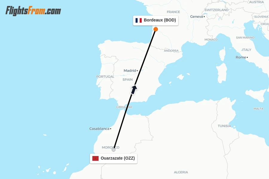 Flights from Ouarzazate to Bordeaux route map