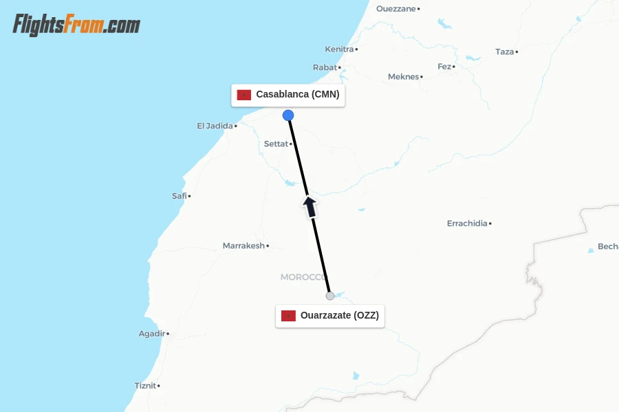Flights from Ouarzazate to Casablanca route map