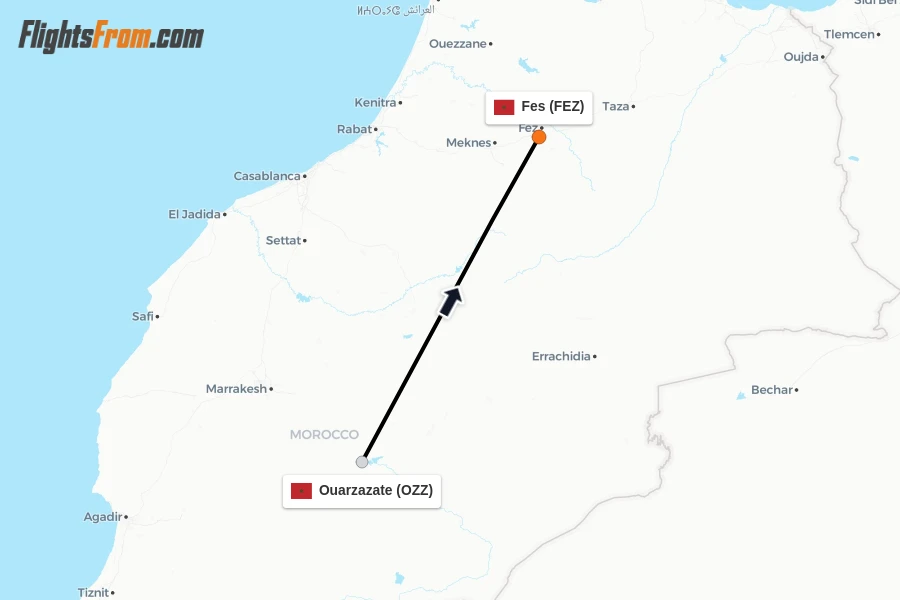 Flights from Ouarzazate to Fes route map