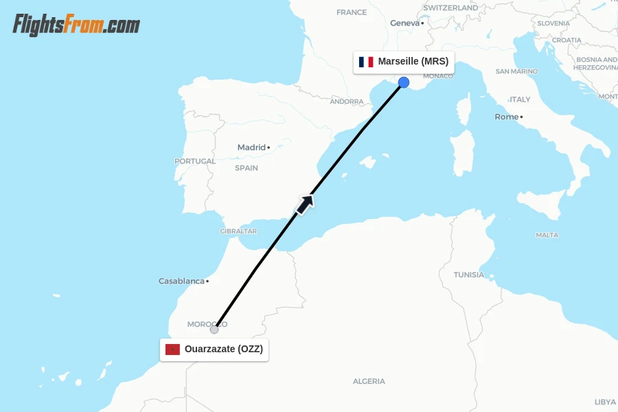 Flights from Ouarzazate to Marseille route map