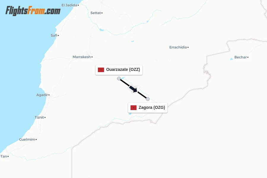 Flights from Ouarzazate to Zagora route map