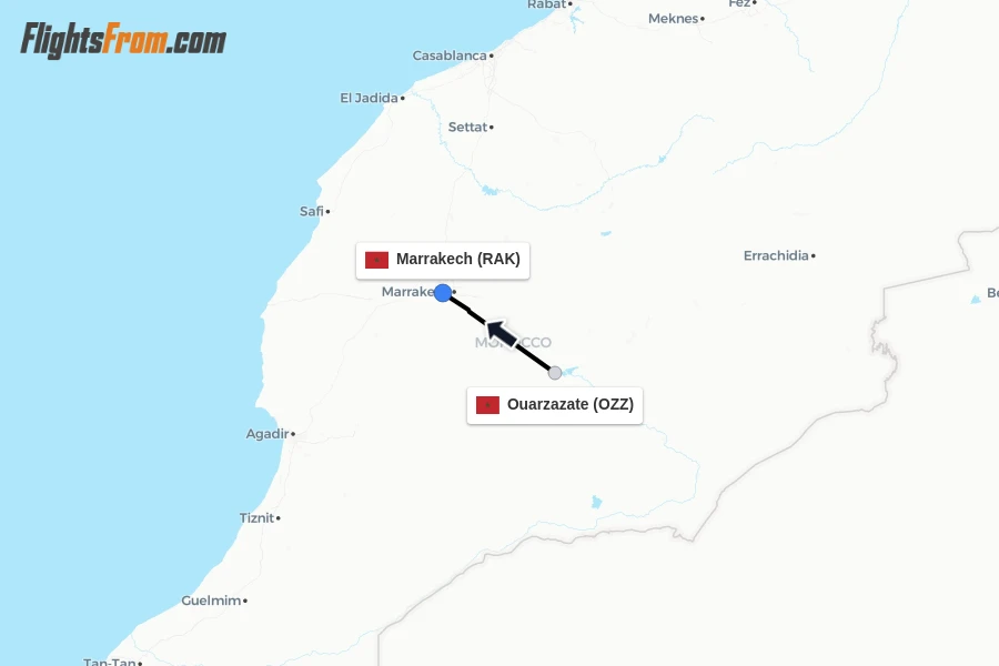 Flights from Ouarzazate to Marrakech route map