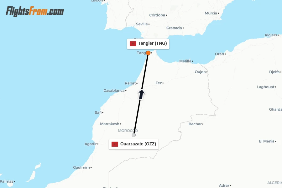 Flights from Ouarzazate to Tangier route map