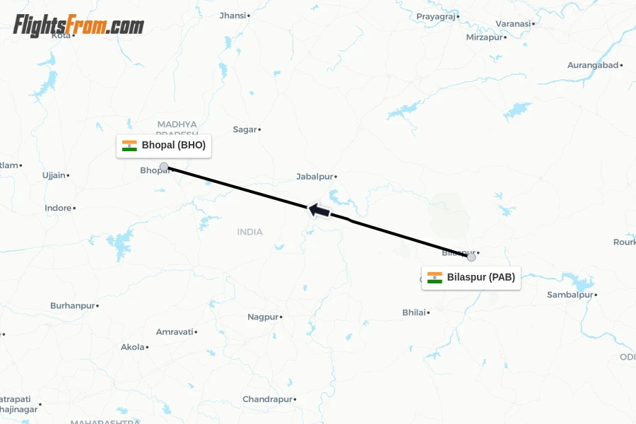 Flights from Bilaspur to Bhopal route map