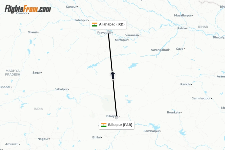 Flights from Bilaspur to Allahabad route map