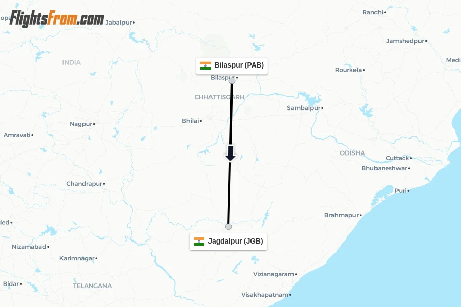 Flights from Bilaspur to Jagdalpur route map