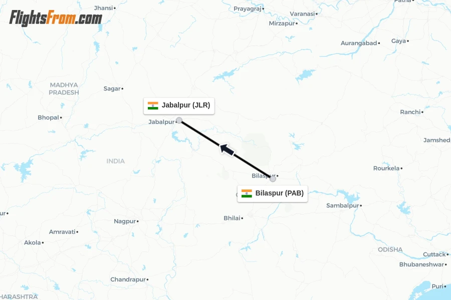 Flights from Bilaspur to Jabalpur route map
