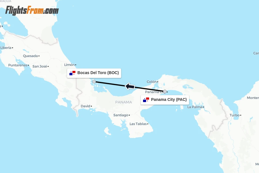 Flights from Panama City to Bocas Del Toro route map