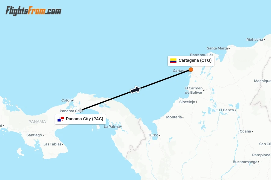 Flights from Panama City to Cartagena route map