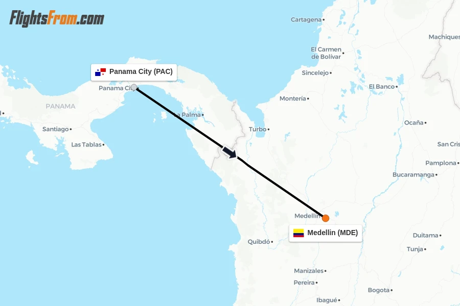 Flights from Panama City to Medellin route map