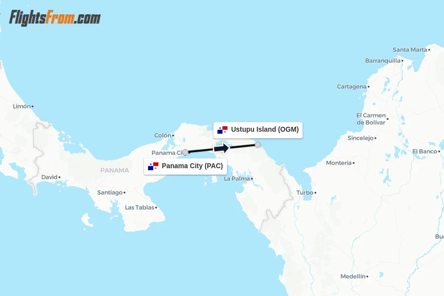 Flights from Panama City to Ustupu Island route map