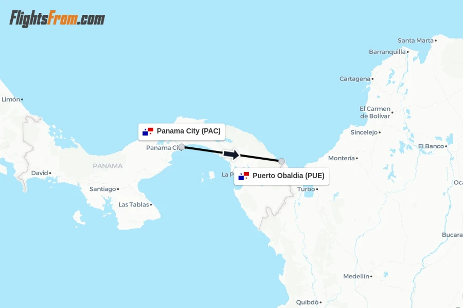 Flights from Panama City to Puerto Obaldia route map