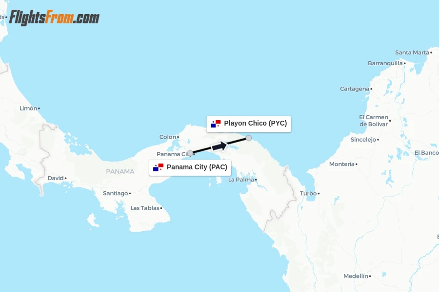 Flights from Panama City to Playon Chico route map