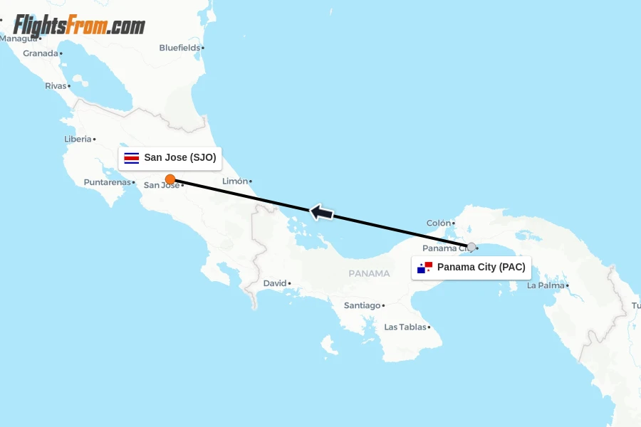 Flights from Panama City to San Jose route map