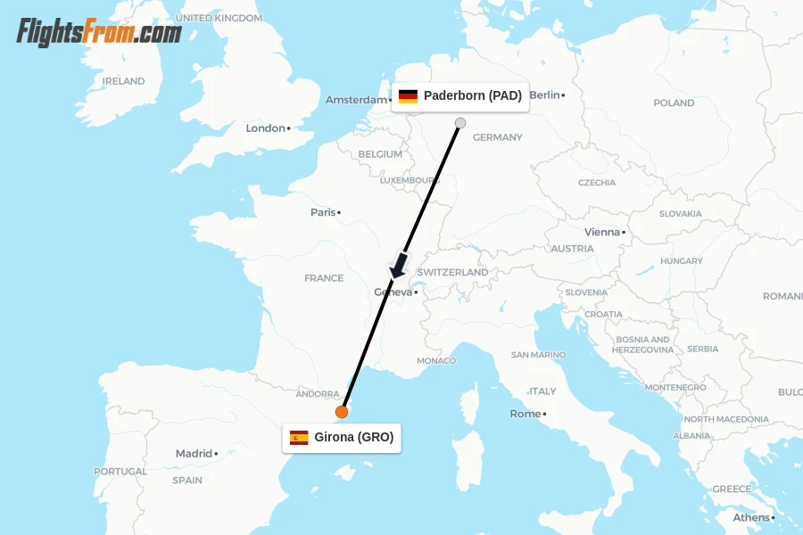 Flights from Paderborn to Girona route map