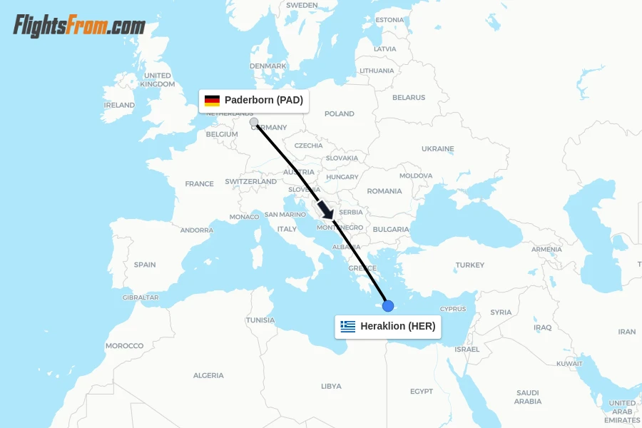 Flights from Paderborn to Heraklion route map