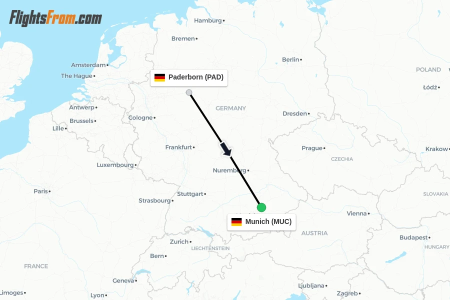 Flights from Paderborn to Munich route map