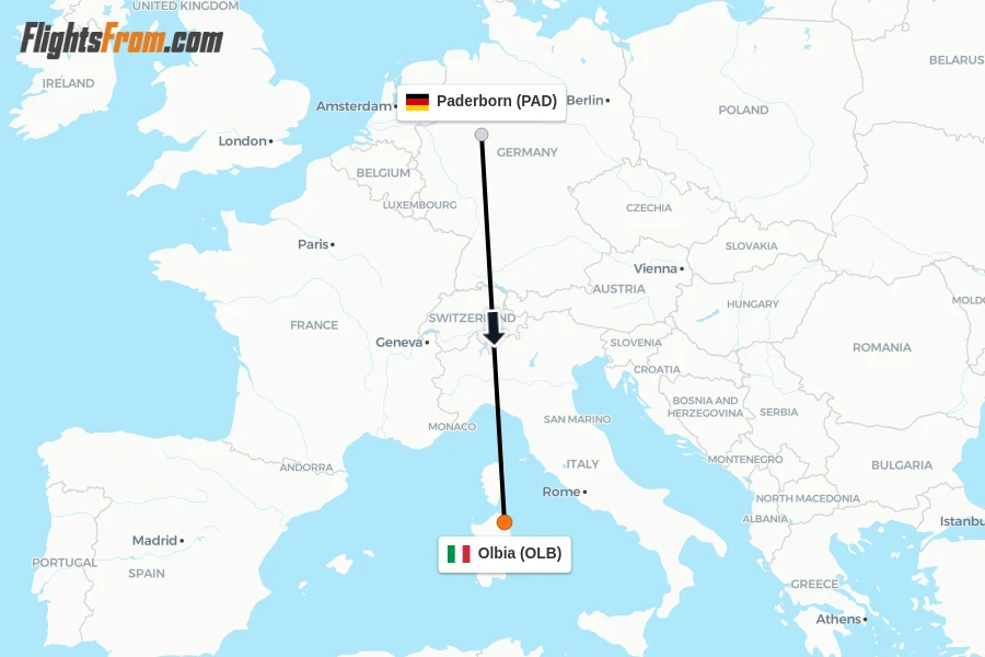 Flights from Paderborn to Olbia route map