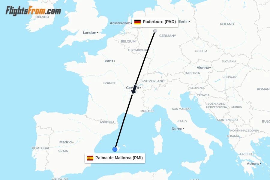 Flights from Paderborn to Palma de Mallorca route map