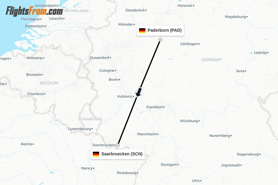 Flights from Paderborn to Saarbruecken route map