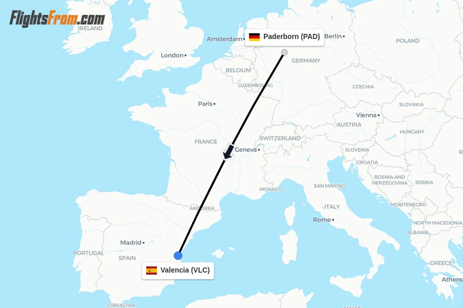 Flights from Paderborn to Valencia route map